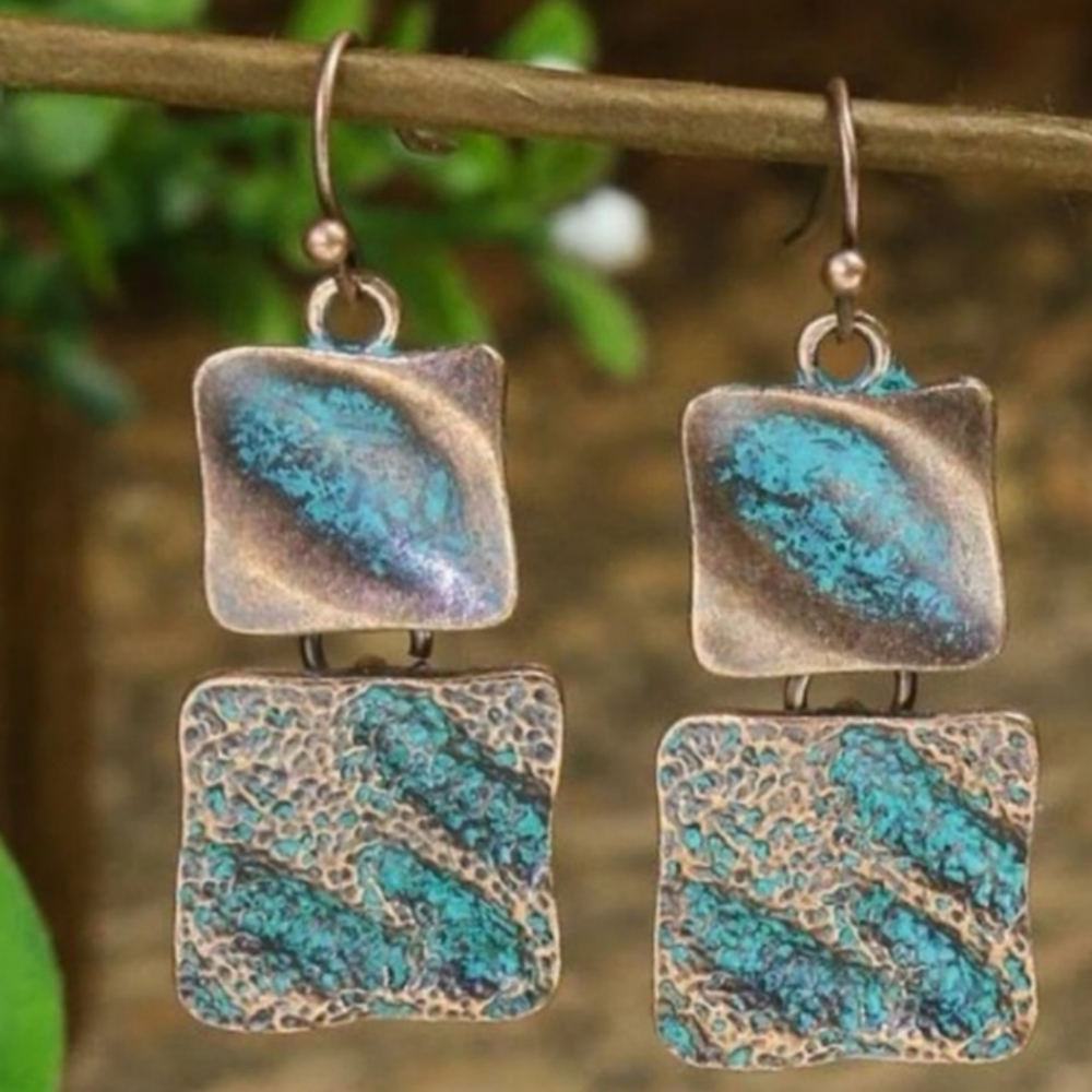 Brand NEW! Bronzed Turquoise Square Earrings